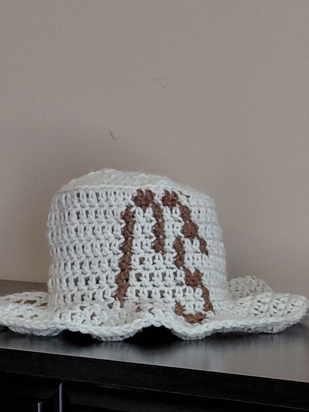 Hand Crochet White Sun Hat with Brown Accent